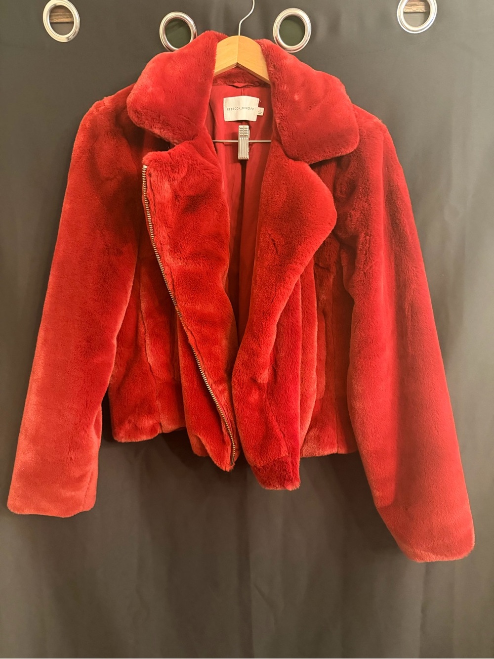 Rebecca Minkoff Plush Red Faux Fur Moto Jacket Size L Like New
